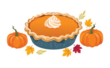 Pumpkin Tart with Seasonal Decor - Vector Illustration