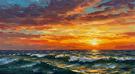 Dramatic Sunset Over Ocean Waves with Colorful Cloudy Sky