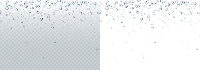 Bubbles underwater texture isolated on transparent and white background. Vector air, gas or oxygen under water. Realistic fizzy drink, soda effect seamless pattern