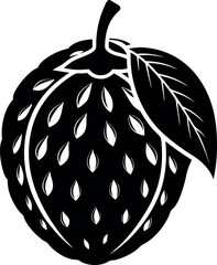 Black and White Silhouette of Atemoya Tropical Fruit with Leaf and Seeds
