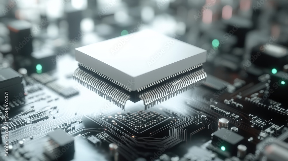 Poster modern computer processor on circuit board.