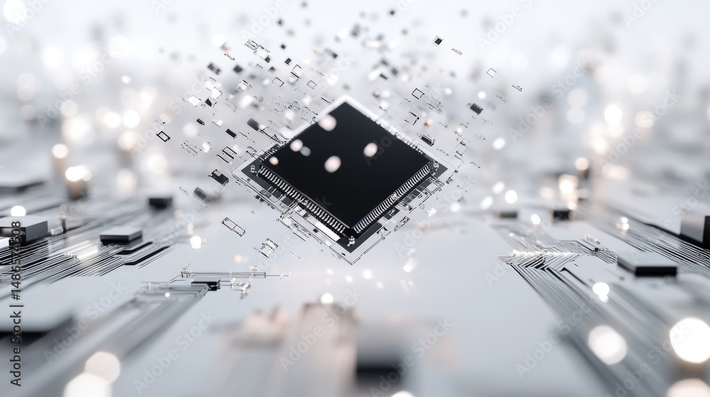 Poster abstract digital circuit board with central microchip.