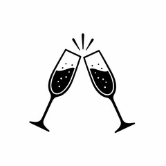 Vector illustration of two champagne glasses clinking. Celebration, happy events and anniversaries concept. Toasting at parties 
