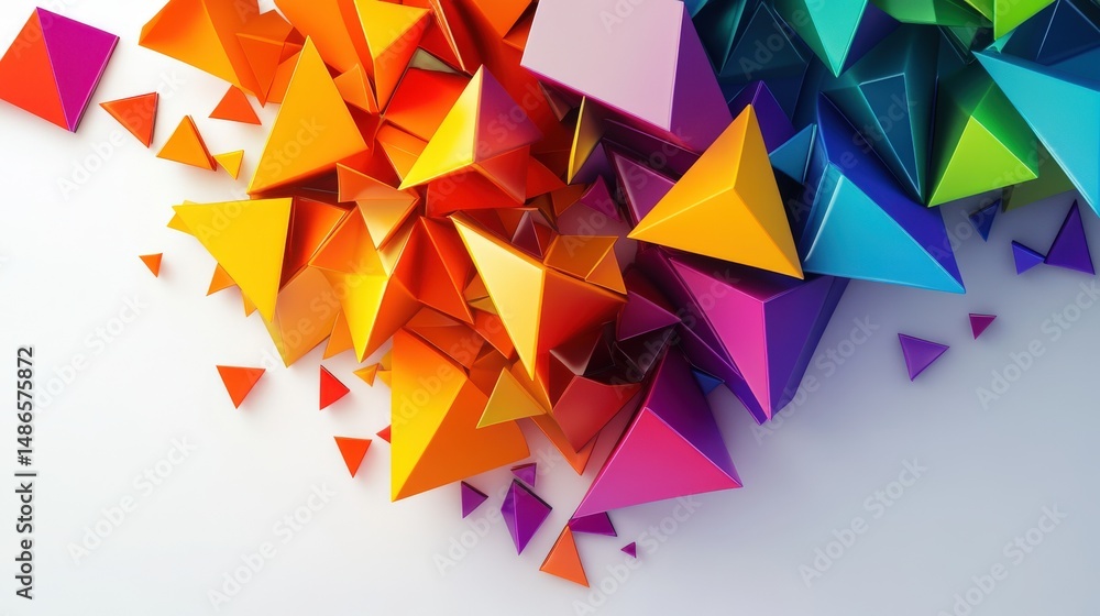 Poster vibrant multicolored triangular shapes in a dynamic design.