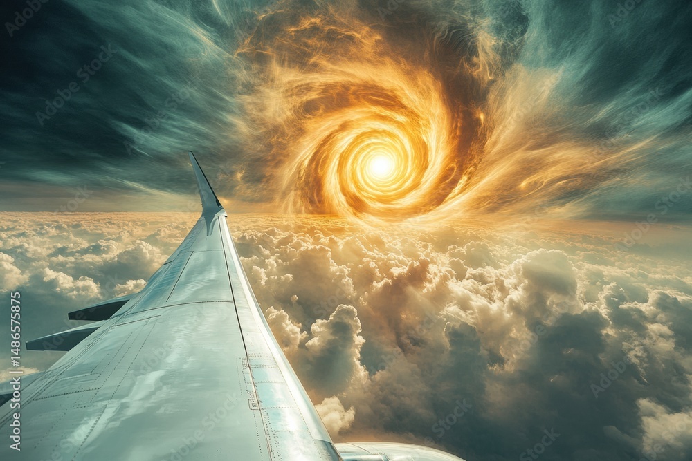 Poster view from airplane window showcasing clouds and vibrant light creating a golden spiral effect in the