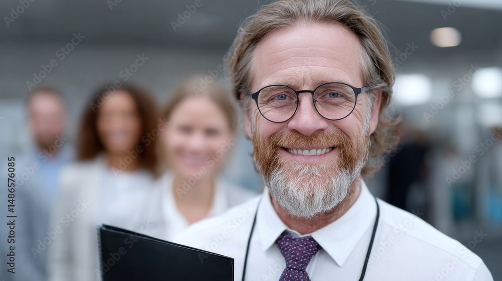 Poster smiling man with glasses and a beard holds a document in a bustling modern office. colleagues are vi