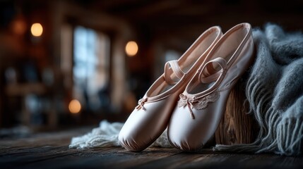 Ballet slippers are elegantly placed on a wooden surface, surrounded by a warm, inviting atmosphere created by soft lighting and textiles, perfect for dancers to prepare for practice
