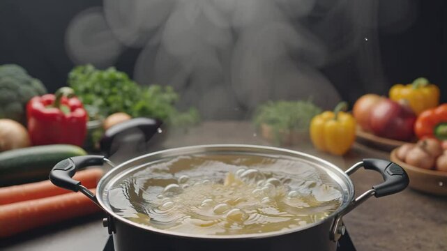 dry farfalle pasta falling into boiling water in a saucepan, slow motion

