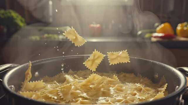 dry farfalle pasta falling into boiling water in a saucepan, slow motion
