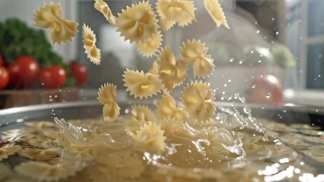 dry farfalle pasta falling into boiling water in a saucepan, slow motion
