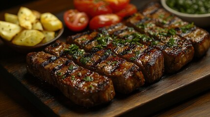 Grilled meat slices served with vegetables on a wooden board.