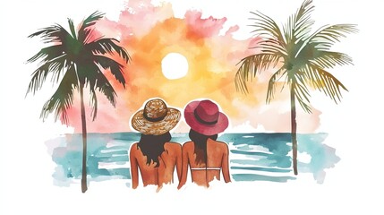 Two women are sitting on the beach