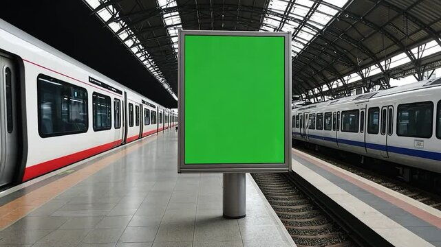 Subway station with a green billboard mock-up template and commuter trains