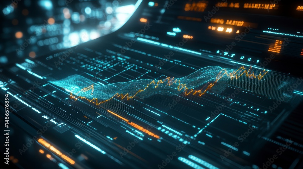 Poster Futuristic digital display showing a stock market graph with glowing lines and data points.