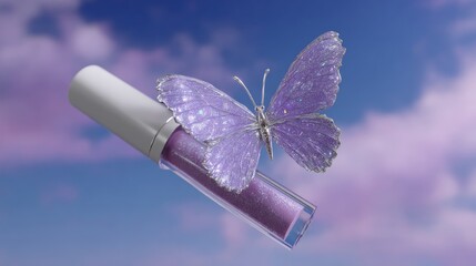 Purple butterfly on glittering lip gloss against cloudy sky