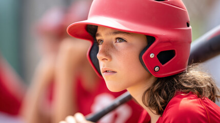 Young girl in baseball uniform mid swing focused on hitting during game