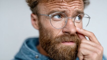 Fototapeta premium man with a beard and glasses appears deep in thought while touching his face. He is inside a bright and simple room, reflecting on his ideas in a quiet moment