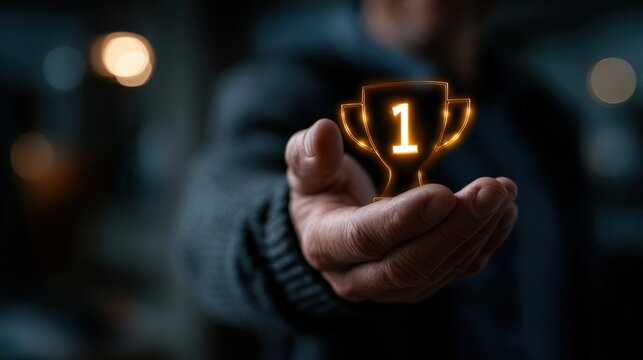 person proudly holds a glowing first place trophy in their hand, showcasing their achievement at a nighttime gathering filled with excitement and celebration