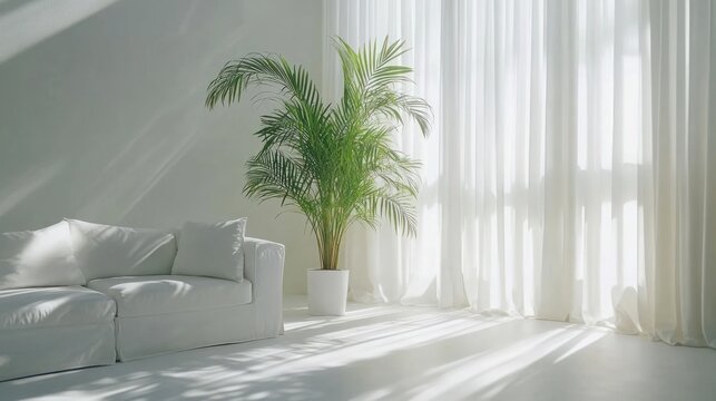Sunlit minimalist living room with white sofa and palm plant