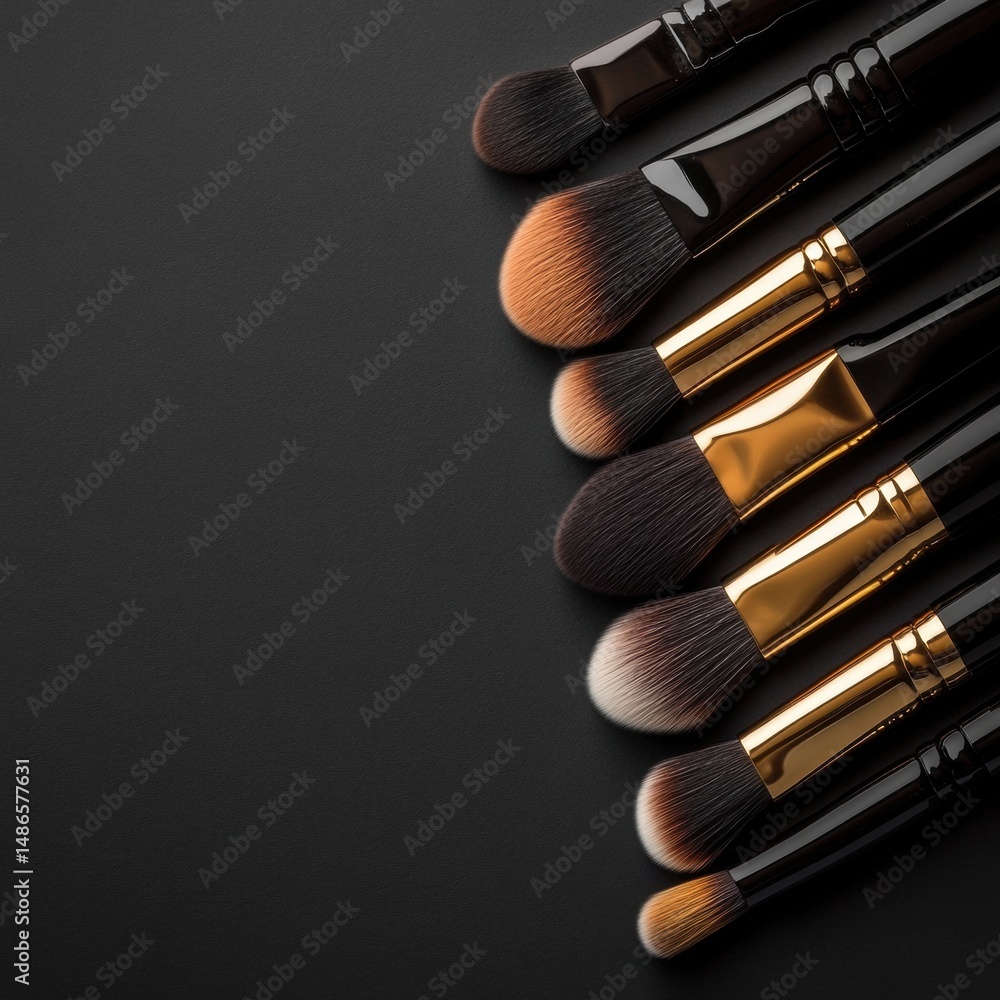 Poster elegant layout of artistic makeup brushes arranged in a stylish order with color tones set against a