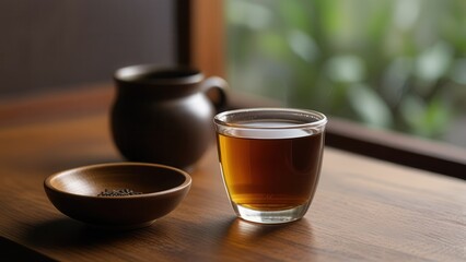 Warm Hojicha Green Tea From Japan in Glass Tea Cup, Calm Wellness Mood

