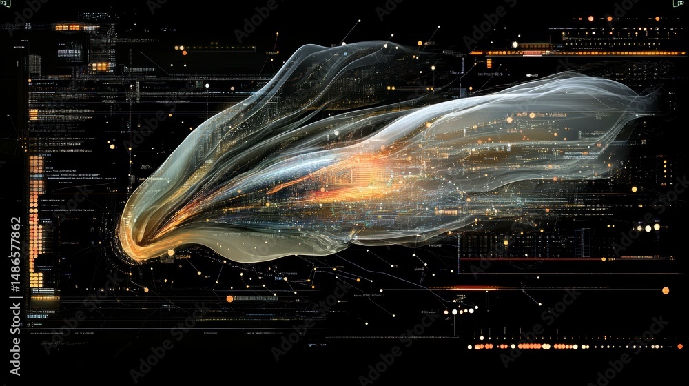 Fototapete Abstract digital data stream, glowing particles and lines forming a comet-like shape against a dark background with technological interface elements.