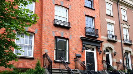 Naklejka premium A traditional brick townhouse in a city setting, with iron railings and tall windows