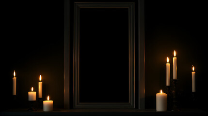 Candle flames flicker softly on dark walls, illuminating an empty frame, setting a hauntingly beautiful Halloween scene that beckons intrigue and spookiness into your home.