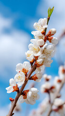Springtime apricot blossom branches against blue sky for nature and decoration