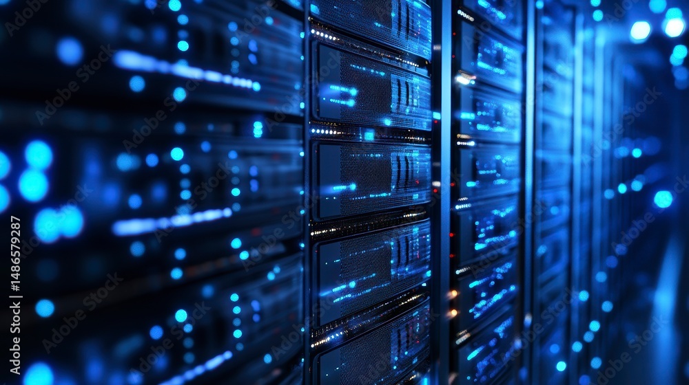 Poster data center server racks with glowing blue lights.