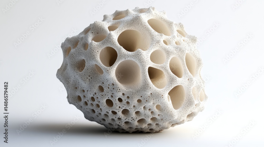 Poster abstract sculpted sphere with intricate hollowed patterns.