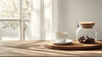Fototapeta premium Coffee cup and beans on wooden tray by window natural sunlight