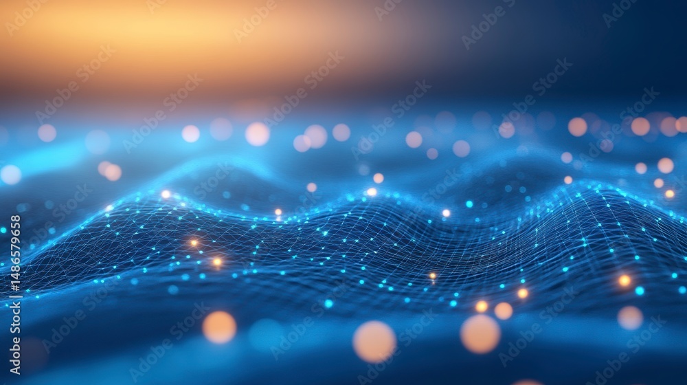Aufkleber Abstract blue digital wave with glowing particles and bokeh effect.