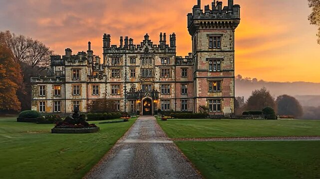 Majestic Castle at Dawn: A Timeless Architectural Marvel Bathed in Golden Light