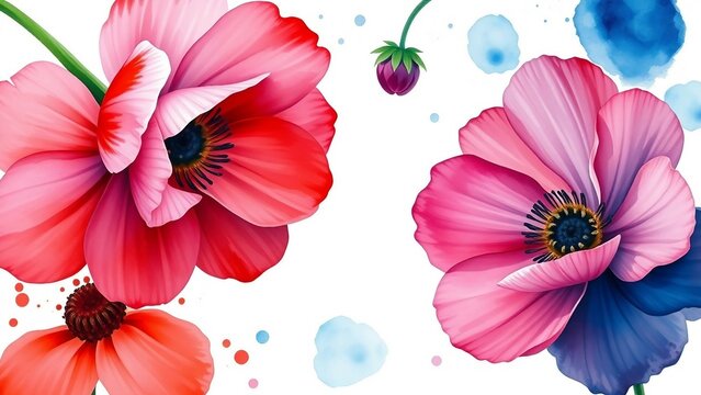 Hochdetaillierte Aquarellillustration von rosaroten Anemonen auf wei&szlig;em Hintergrund, zart und dekorativ, perfekt als floraler Rahmen oder kreatives Bastelpapier.