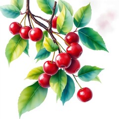Saftige rote Kirschen an einem Zweig mit grünem Blattwerk in hochdetaillierter Aquarellmalerei auf weißem Hintergrund – fruchtig, frisch und sommerlich.