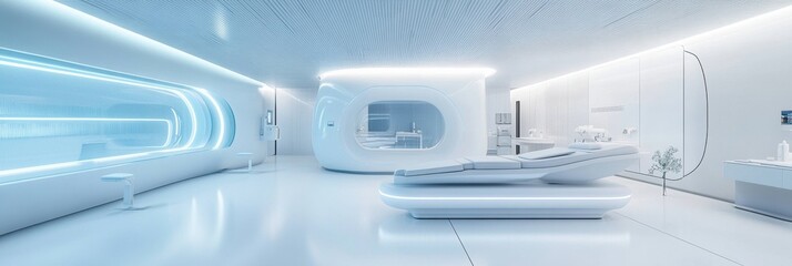 Futuristic biotech skin treatment center with high-tech features and a minimalist clinical atmosphere