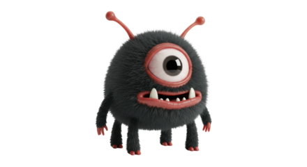 Isolated Furry One-Eyed Monster Character with Funny Teeth