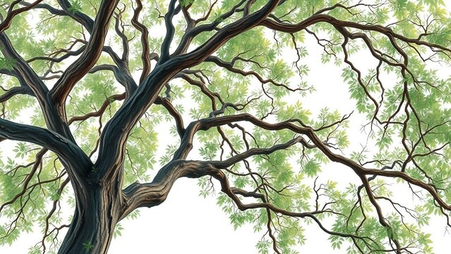 K&uuml;nstlerische Ansicht eines m&auml;chtigen Eichenbaums mit verzweigten &Auml;sten und hellgr&uuml;nen Bl&auml;ttern in Aquarelloptik &ndash; Natur in faszinierender Perspektive.