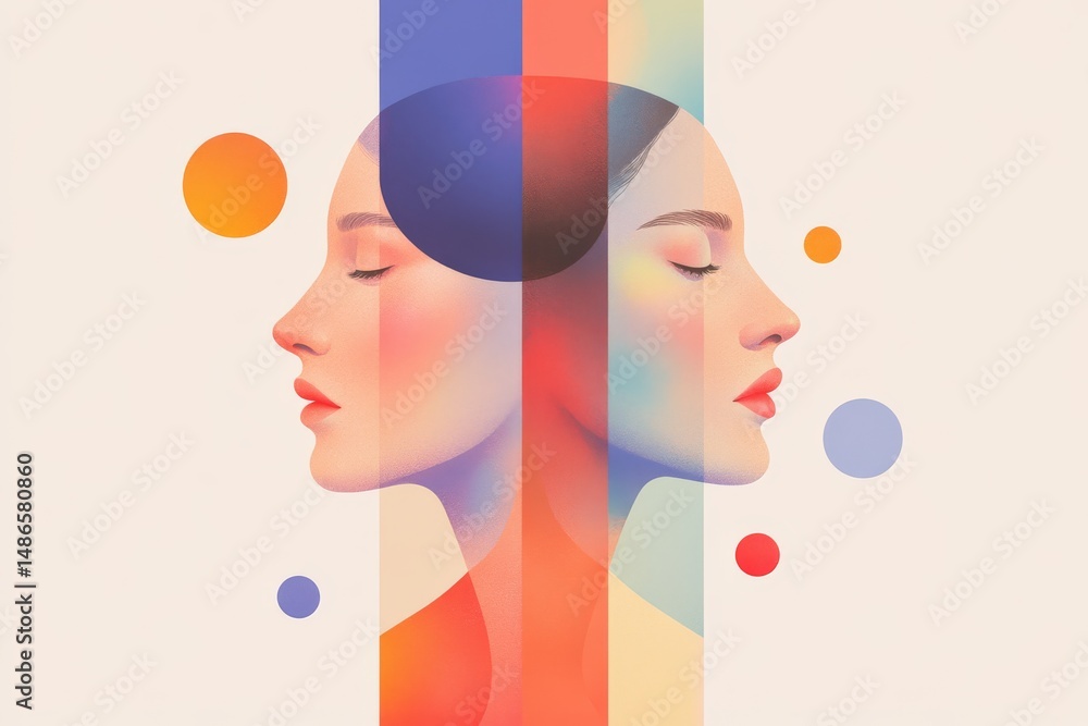 Aufkleber surreal abstract faces in profile with colorful geometric elements for artistic design