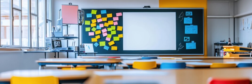 Modern classroom setup featuring smartboard with colorful sticky notes in golden spiral design and tech icons, ideal for interactive learning activities