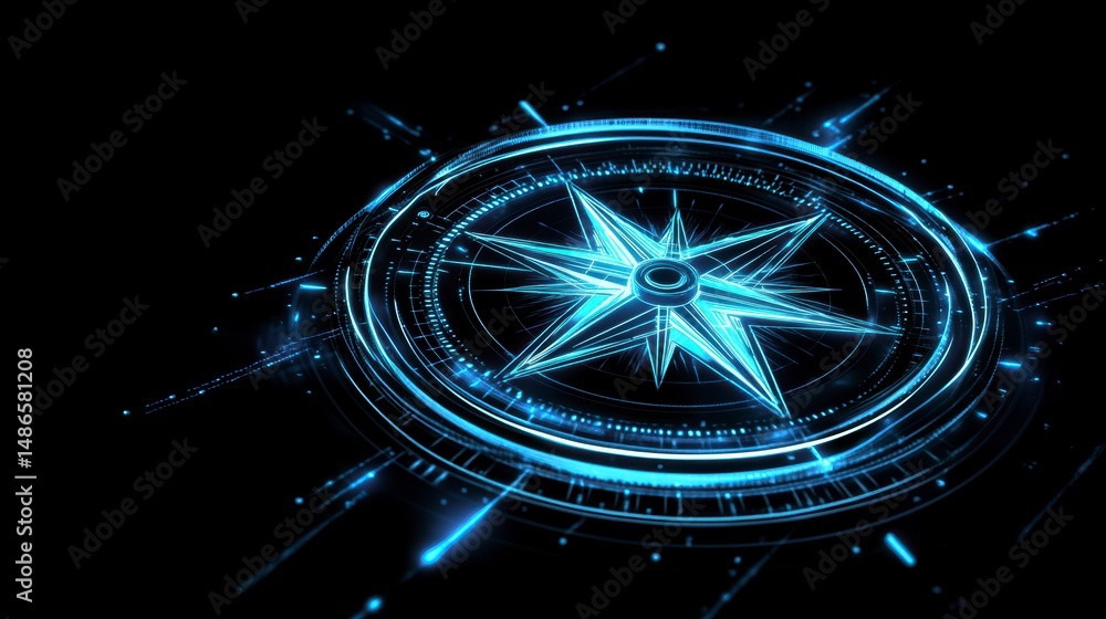 Poster futuristic glowing compass with digital interface.