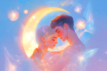 Obraz premium Surreal celestial embrace between two figures in dreamlike cosmic setting