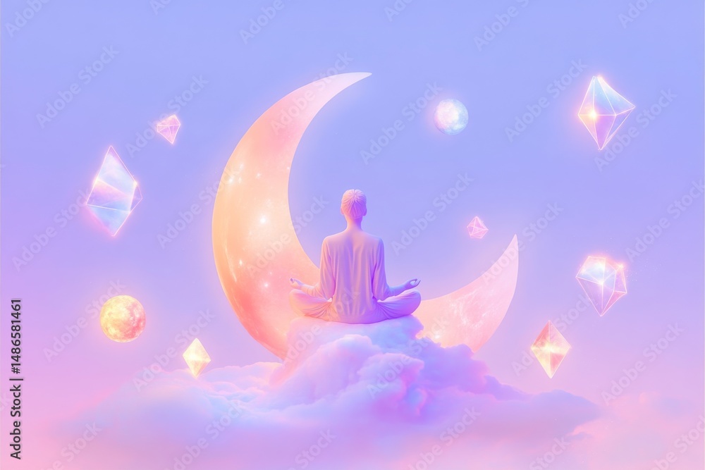 Canvas Prints surreal meditation scene with figure on crescent moon surrounded by geometric shapes and clouds