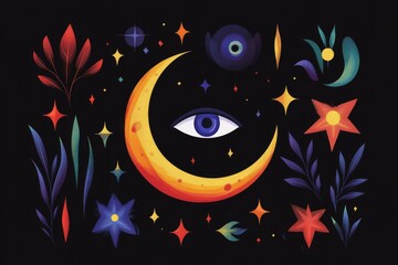 Obraz premium Surreal crescent moon with eye surrounded by celestial elements and colorful abstract flora
