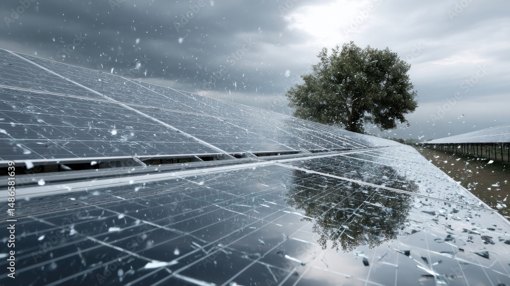 Poster a stunning image of solar panel array affected by hail, featuring cracked cells and tree reflection 