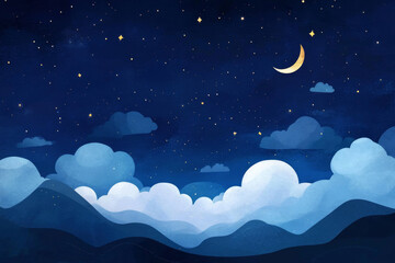 Surreal celestial night landscape with dreamy sky and crescent moon