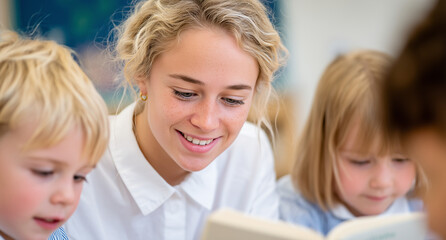 Teacher Interacting With Children Enthusiastically Reading Together in Classroom