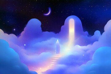 Fototapeta premium Surreal moonlit journey through clouds toward celestial gateway design