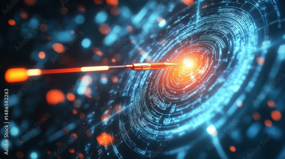 Poster Dart hitting a glowing digital target, symbolizing accuracy and success.